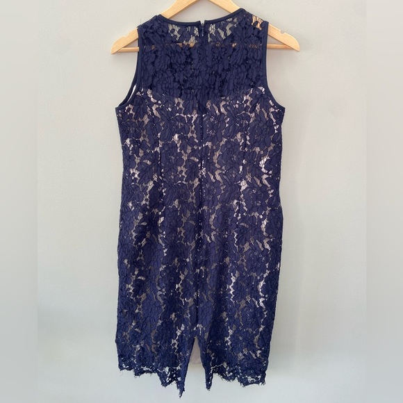 White House/Black Market Navy Blue Lace Mesh Overlay Sheath Lay Below Knee Dress - Picture 3 of 8